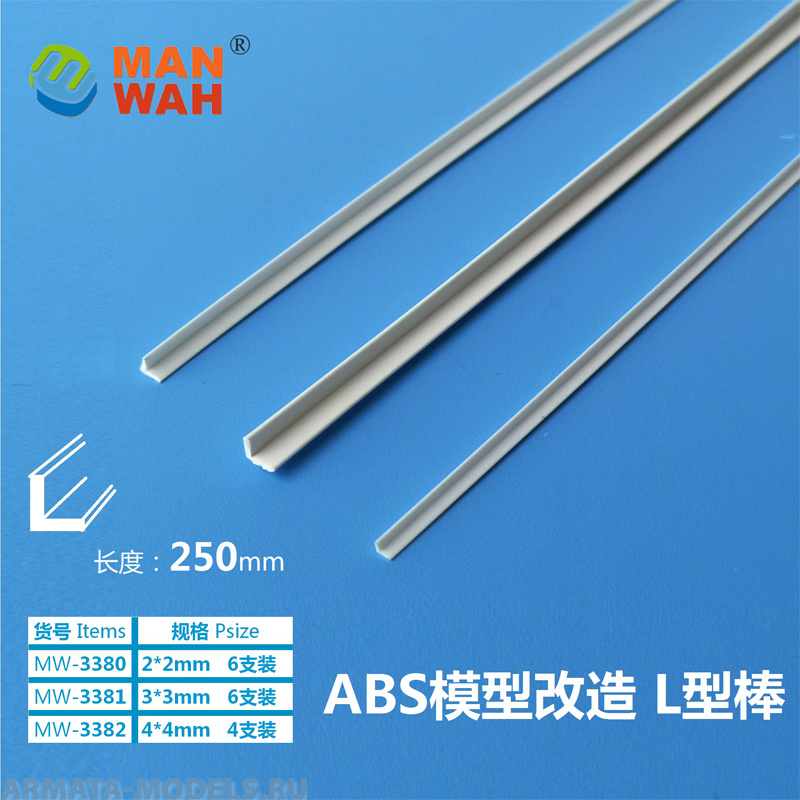 MW-3382 Модельная пластиковый L-образный профиль(ABS-пластик) ABS L-type bar 4*4*250(mm) 4шт