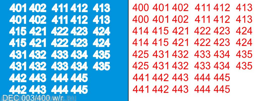 DEC003/400 Номера на немецкую технику масштаб 1/100 с 100 по 400. Цвет – белый контур + красный центр