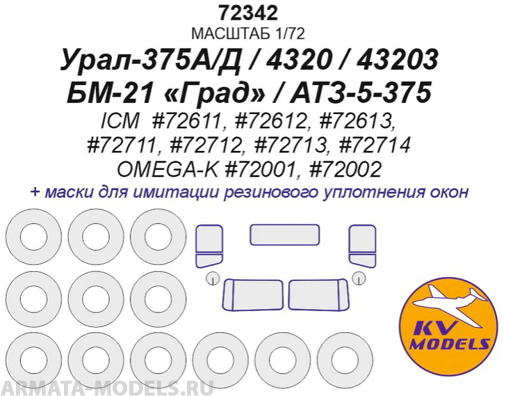 72342KV Урал-375А/Д / 4320 / 43203 / БМ-21 «Град» / АТЗ-5-375 (ICM  #72611, #72612, #72613, #72711, #72712, #72713, #72714 / OMEGA-K #72001, #72002) + маски на диски и колеса