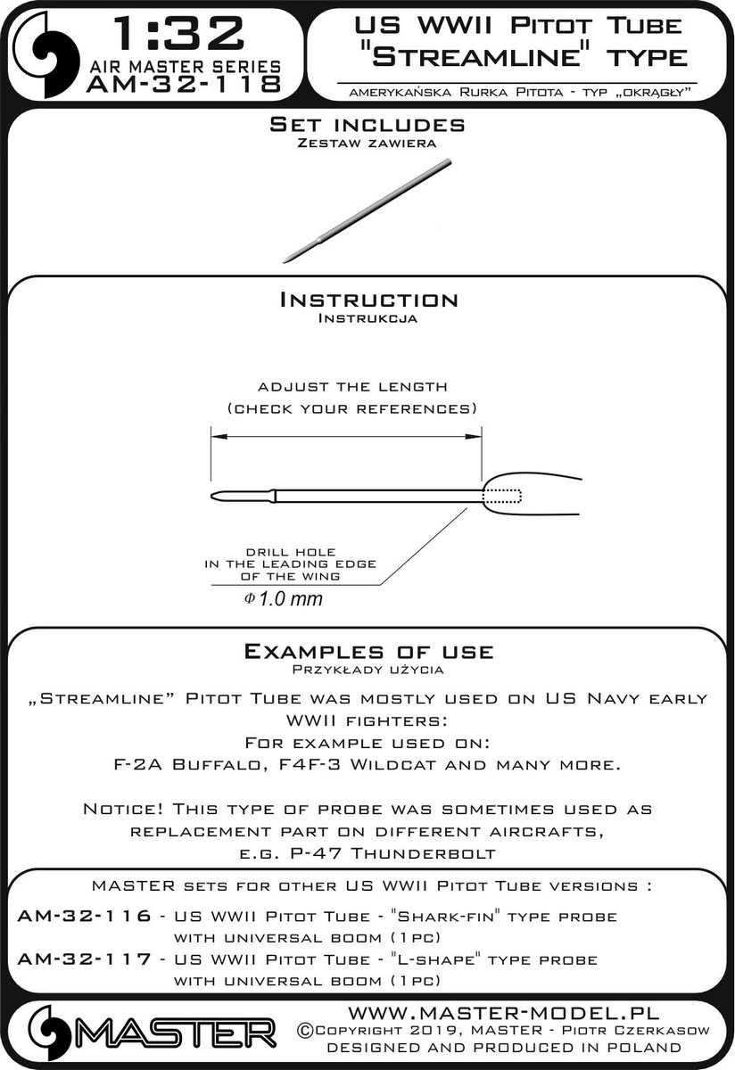 AM-32-118 Трубка Пито США времен Второй мировой войны - зонд типа "Streamline" (1 шт.) - в основном использовался на ранних самолетах ВМС США (например, F-2A Buffalo, F4F-3 Wildcat)