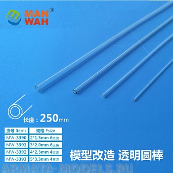 MW-3390 Модельная прозрачная пластиковая трубка  2*1.5*250mm 6шт